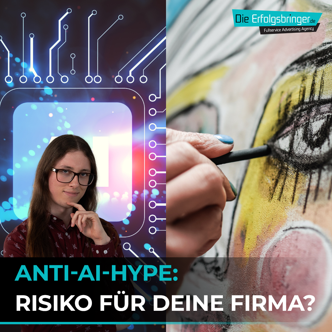 Coverbild mit der Aufschrift: Anti-AI-Hype, Risiko für deine Firma. Bild bewertet KI-Inhalte und Echte Inhalte gegeneinander und bewertet KI im Marketing