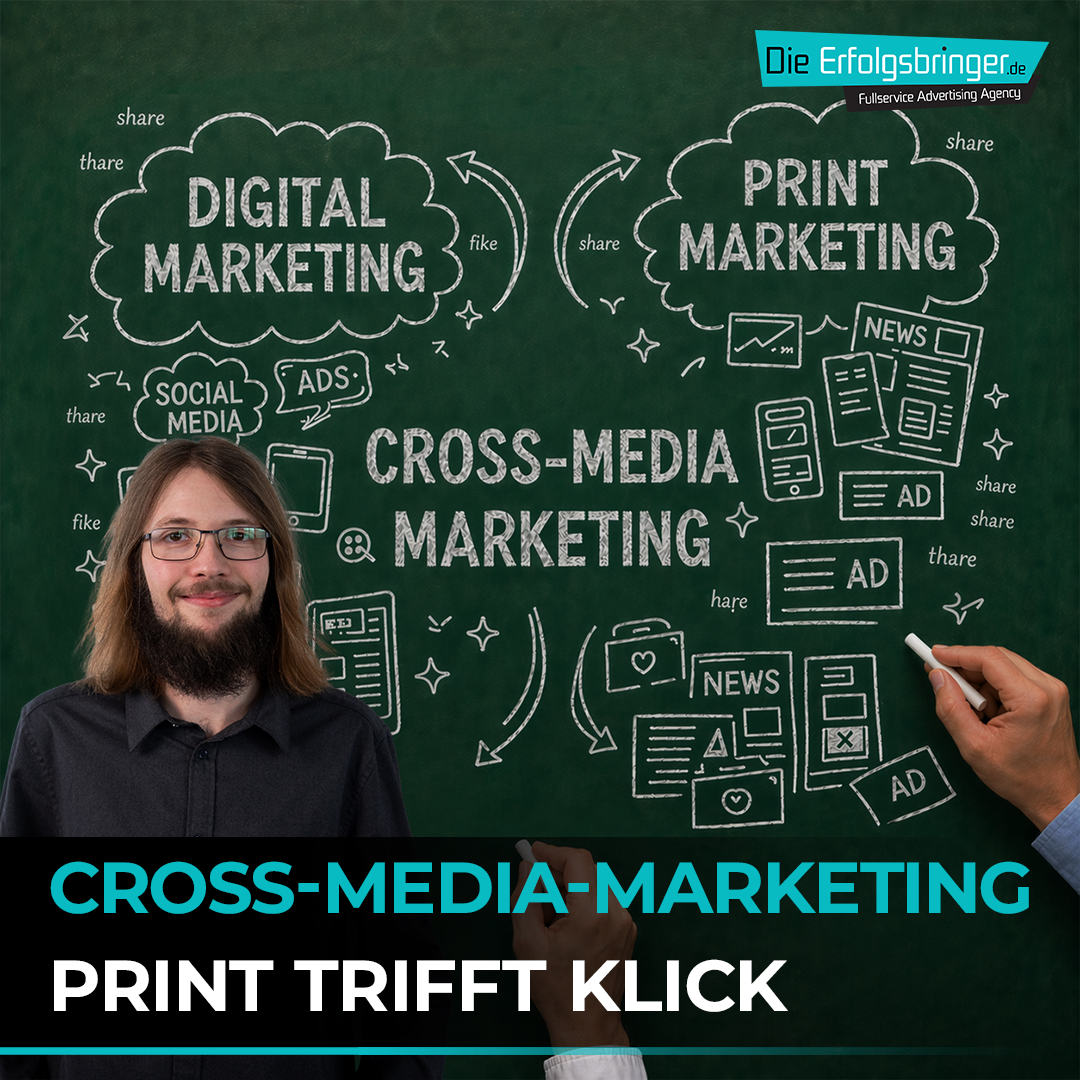 Im Bild sieht man ein Brainstorming von Cross-Media-Marketing. Oben rechts steht Print Marketing und oben links steht Digital Marketing. Im Vordergrund steht: "Cross-Media-Marketing Print trifft klick". Das steht symbolisch für: Cross-Media-Marketing: Wie Du Print und Digital endlich gewinnbringend verbindest